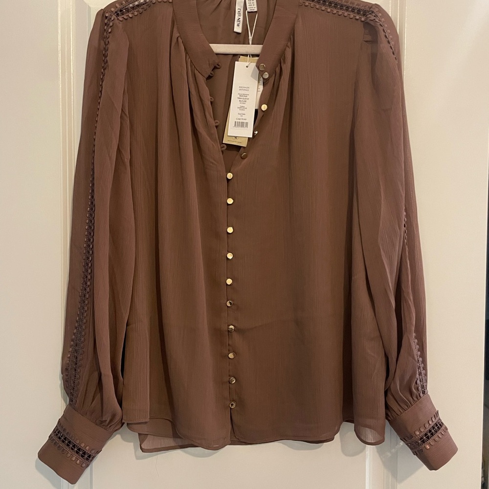 Ever New Taupe Button-Front Lace-Trim Blouse